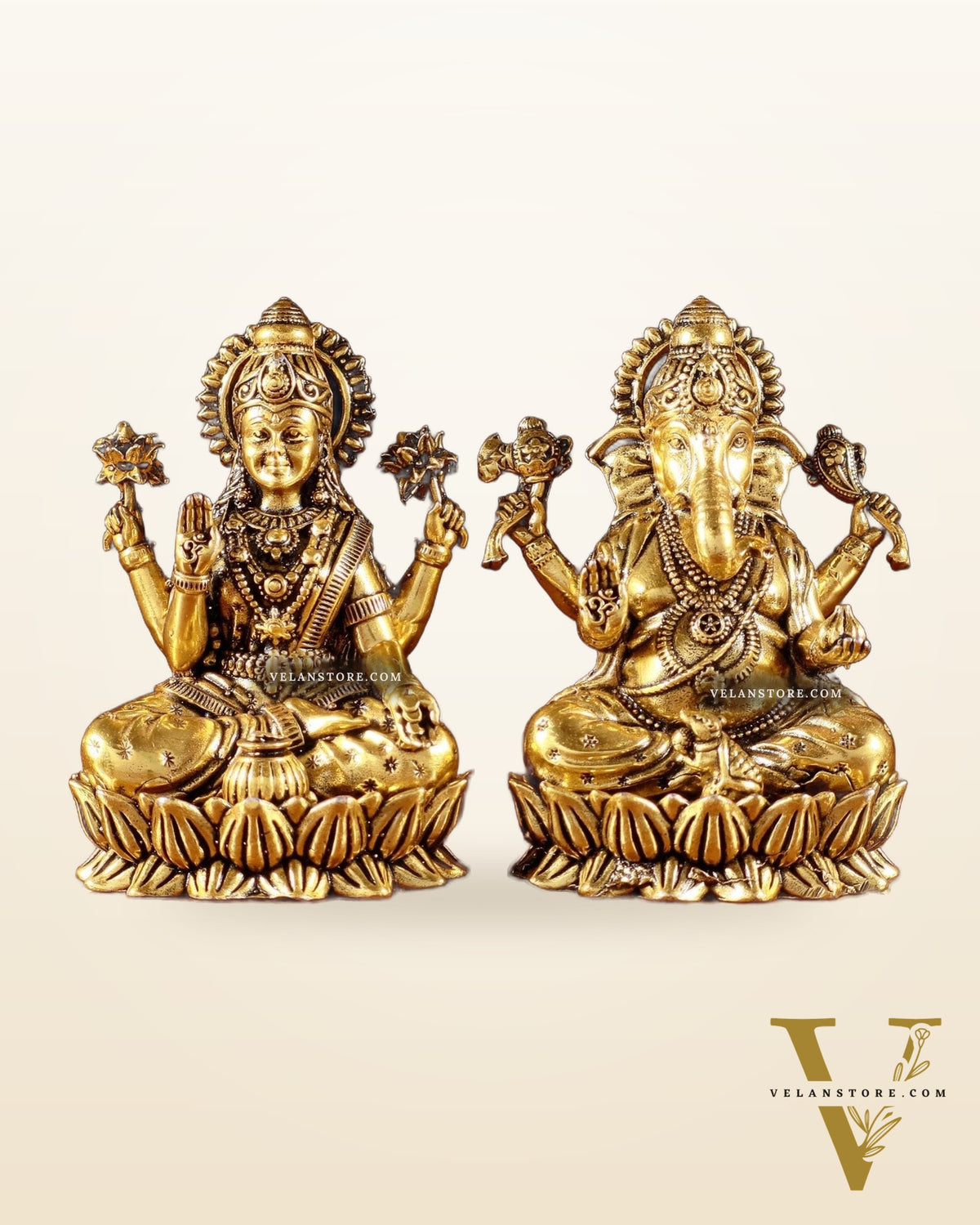 Brass Superfine Ganesha Lakshmi Idols - 3.5" Height | golden tone
