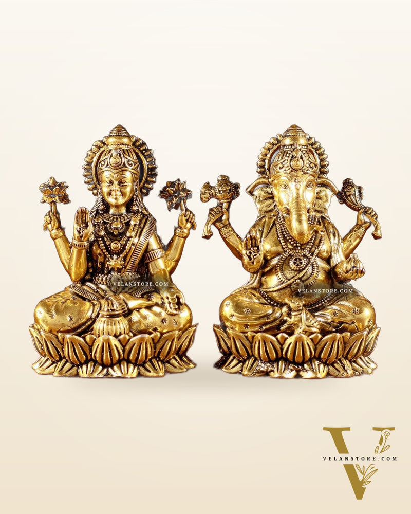 Brass Superfine Ganesha Lakshmi Idols - 3.5" Height | golden tone