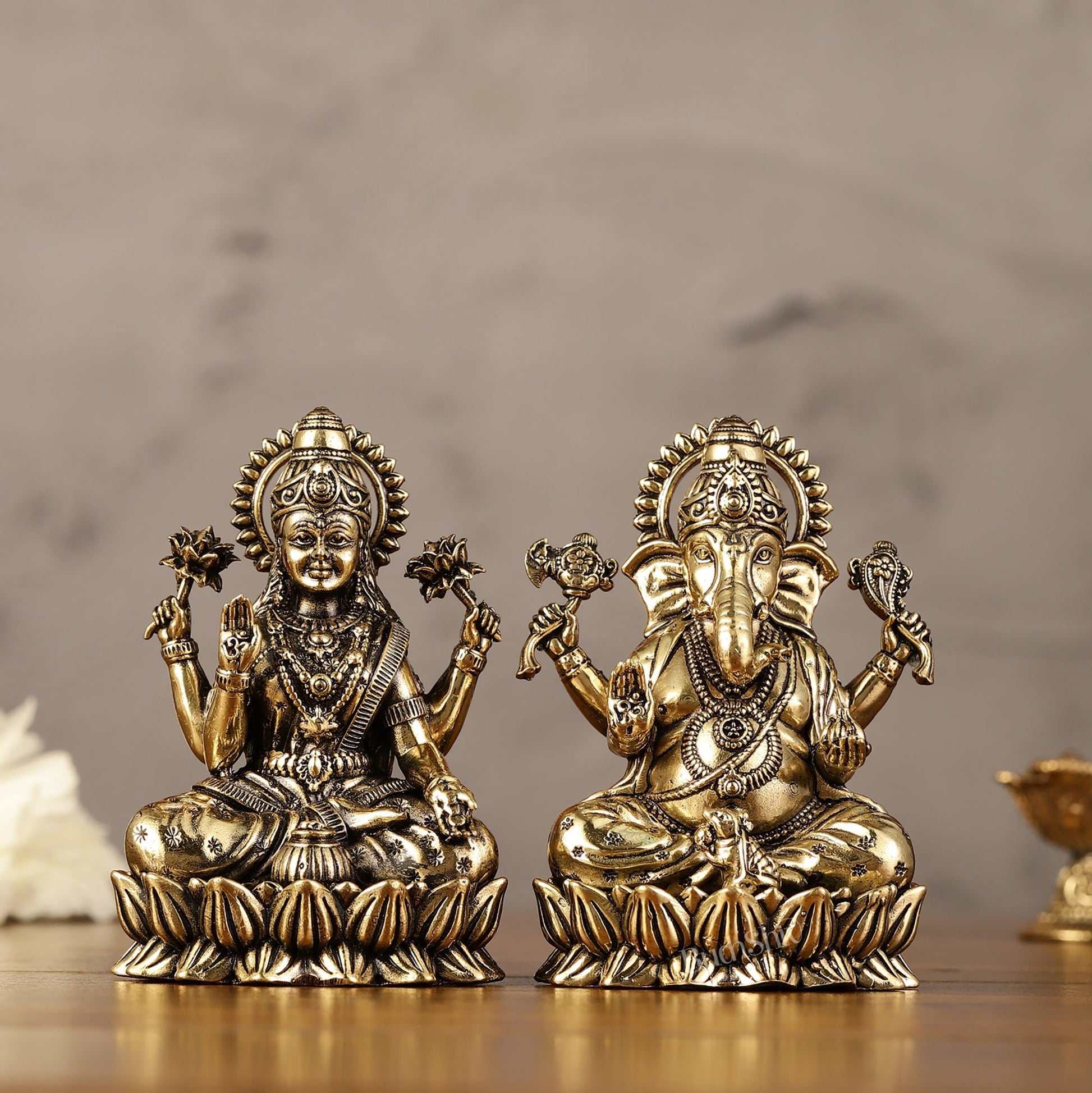 Brass Superfine Ganesha Lakshmi Idols - 3.5" Height | Intricate Lightweight Duo