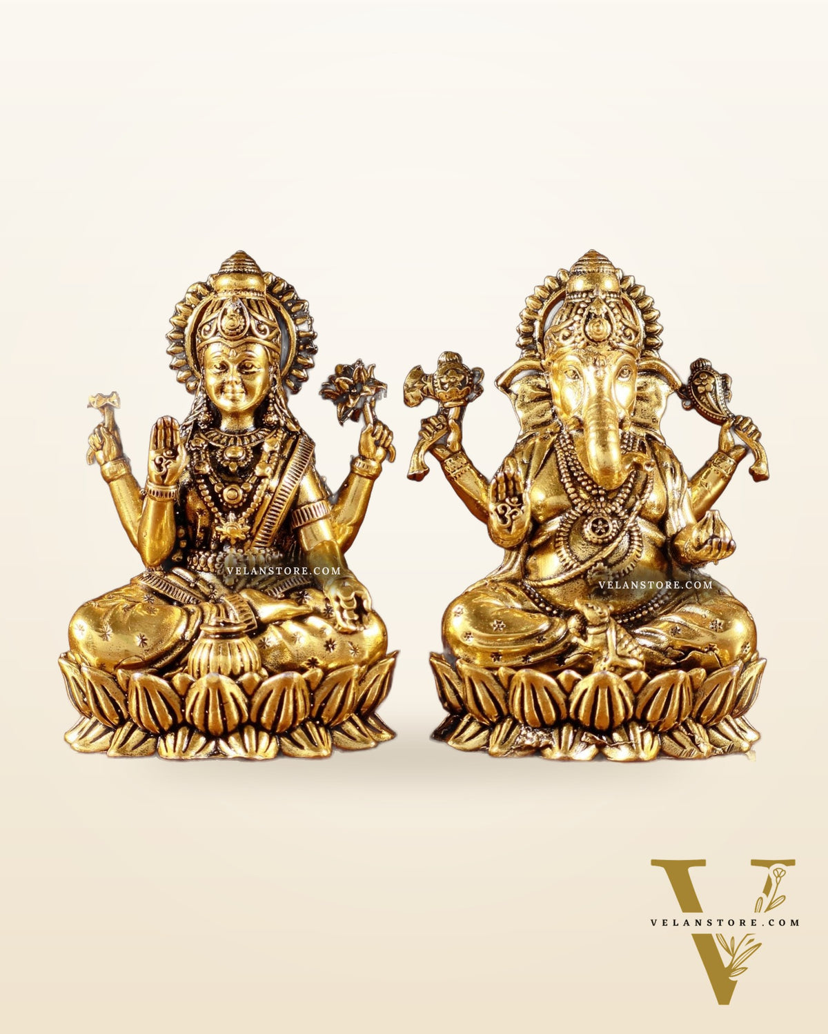 Brass Superfine Ganesha Lakshmi Idols - 4.25" Height | Golden tone
