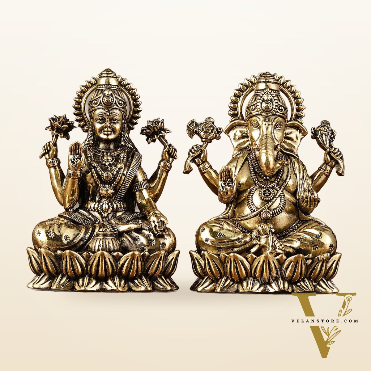 Brass Superfine Ganesha Lakshmi Idols - 4.25" Height | Intricate Lightweight Duo