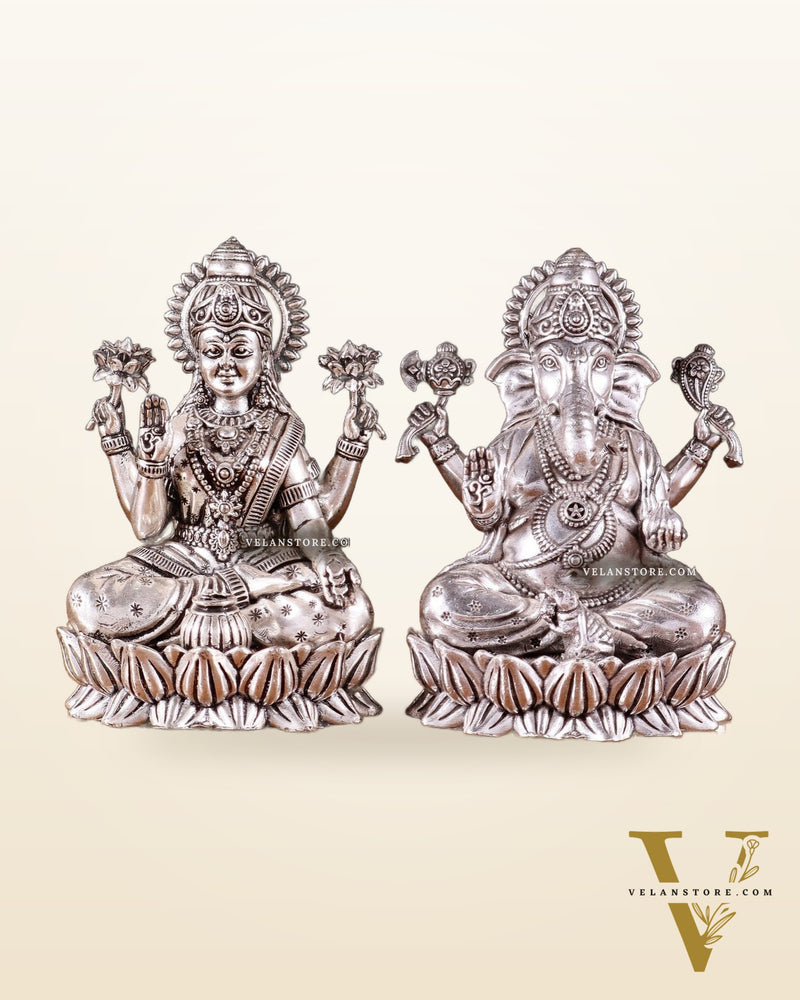 Brass Superfine Ganesha Lakshmi Idols - 4.25" Height | Silver plated