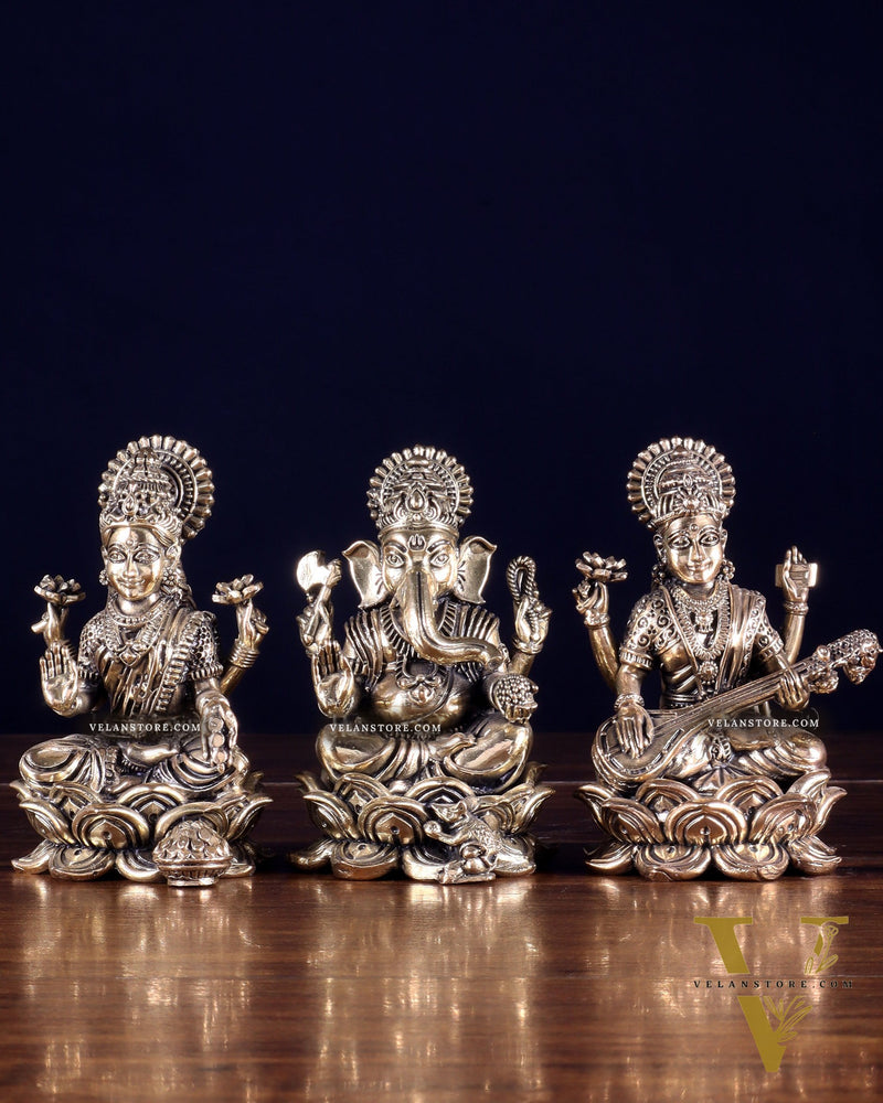 Brass Superfine Ganesha Lakshmi Saraswati Idol Set 4"