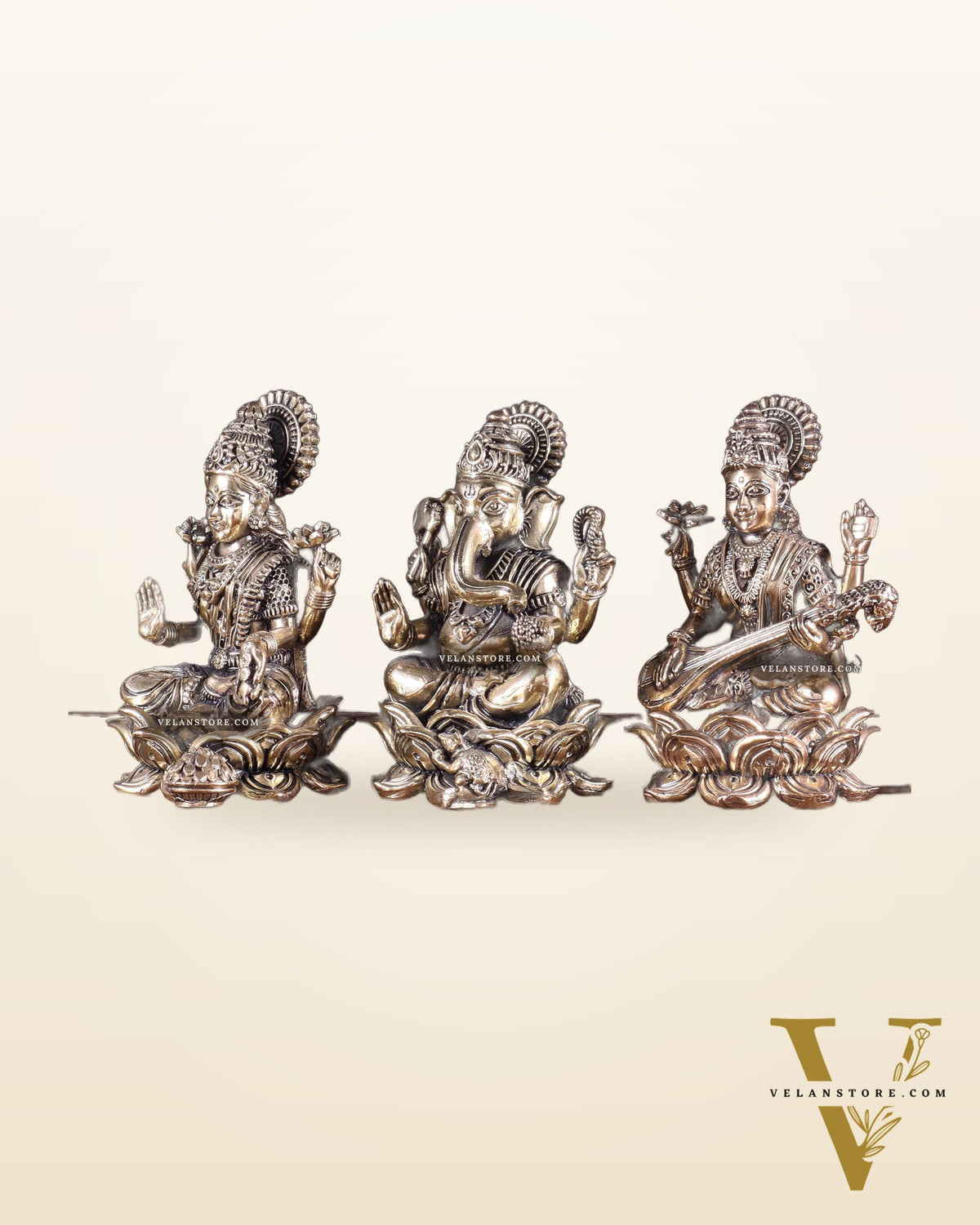 Brass Superfine Ganesha Lakshmi Saraswati Idol Set 4"
