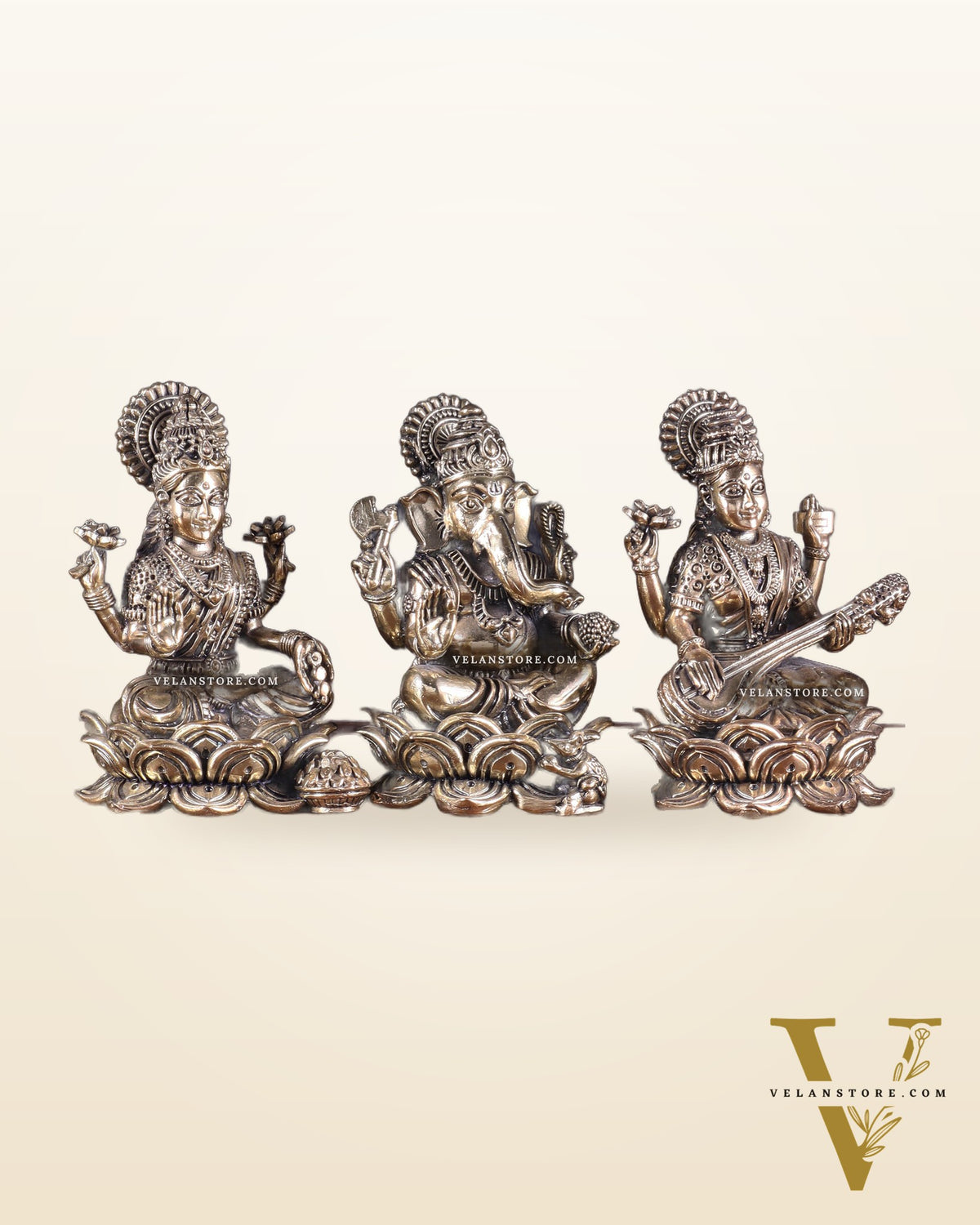 Brass Superfine Ganesha Lakshmi Saraswati Idol Set 4"