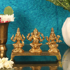 Brass Superfine Ganesha, Lakshmi, Saraswati Idols - Hand Carved, 3 inch