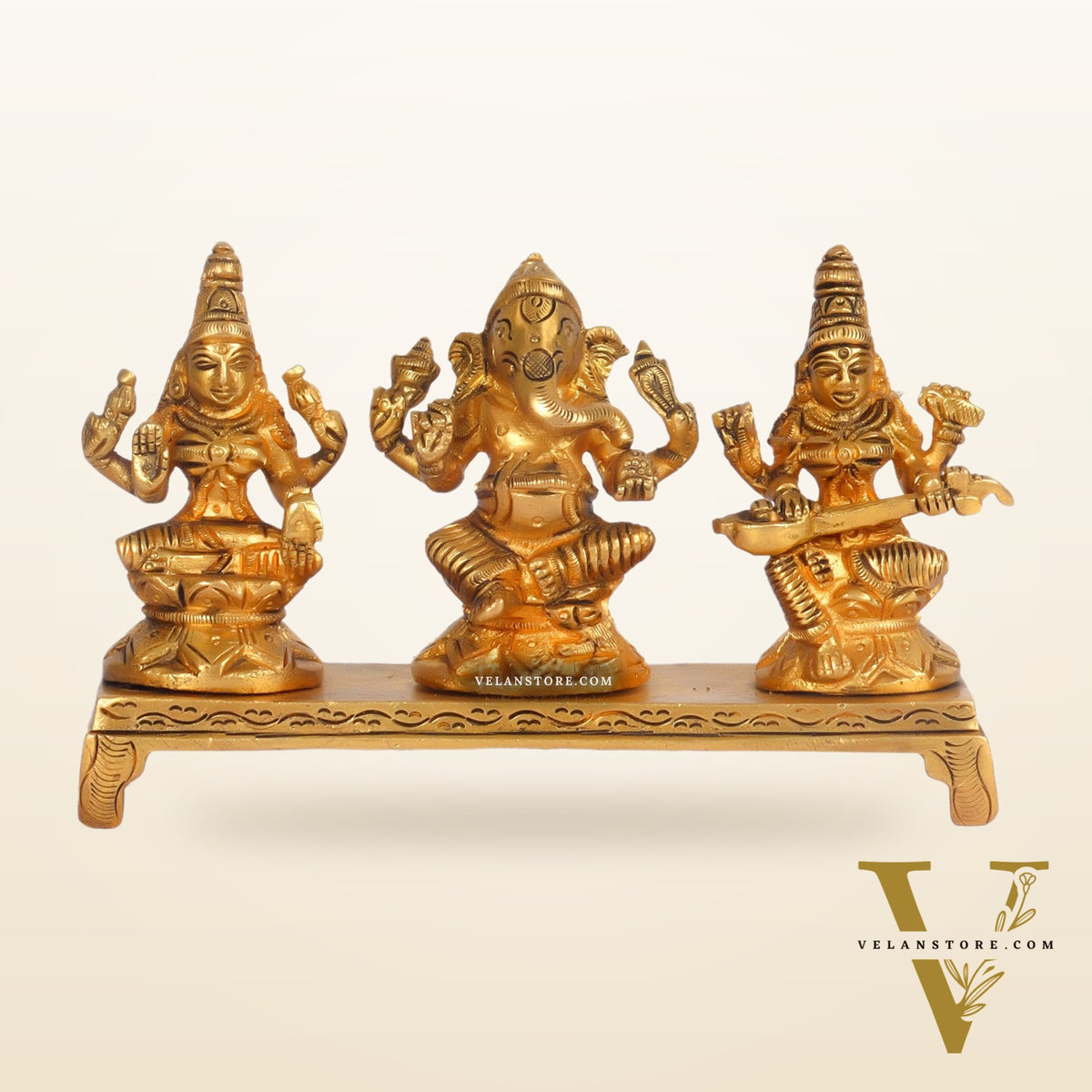 Brass Superfine Ganesha, Lakshmi, Saraswati Idols - Hand Carved, 3 inch
