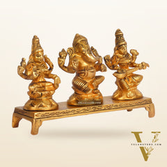 Brass Superfine Ganesha, Lakshmi, Saraswati Idols - Hand Carved, 3 inch