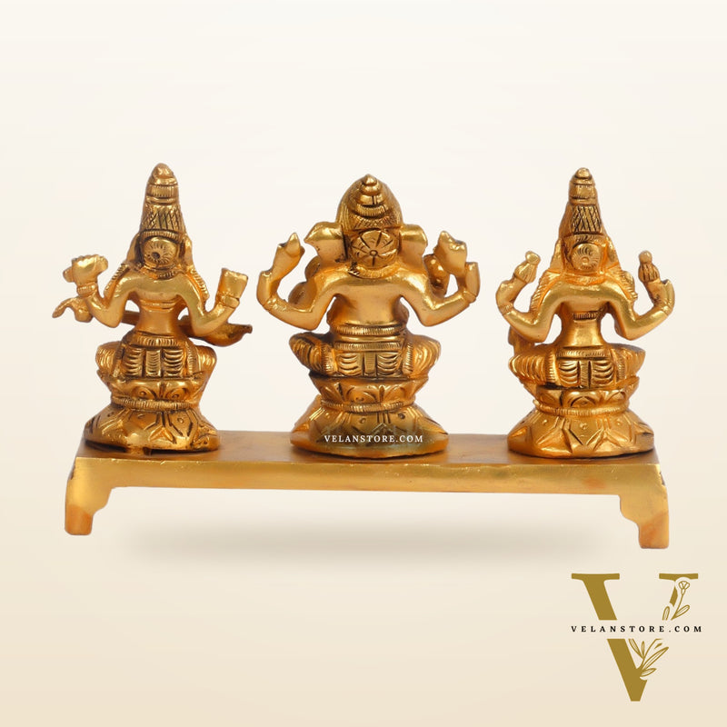 Brass Superfine Ganesha, Lakshmi, Saraswati Idols - Hand Carved, 3 inch