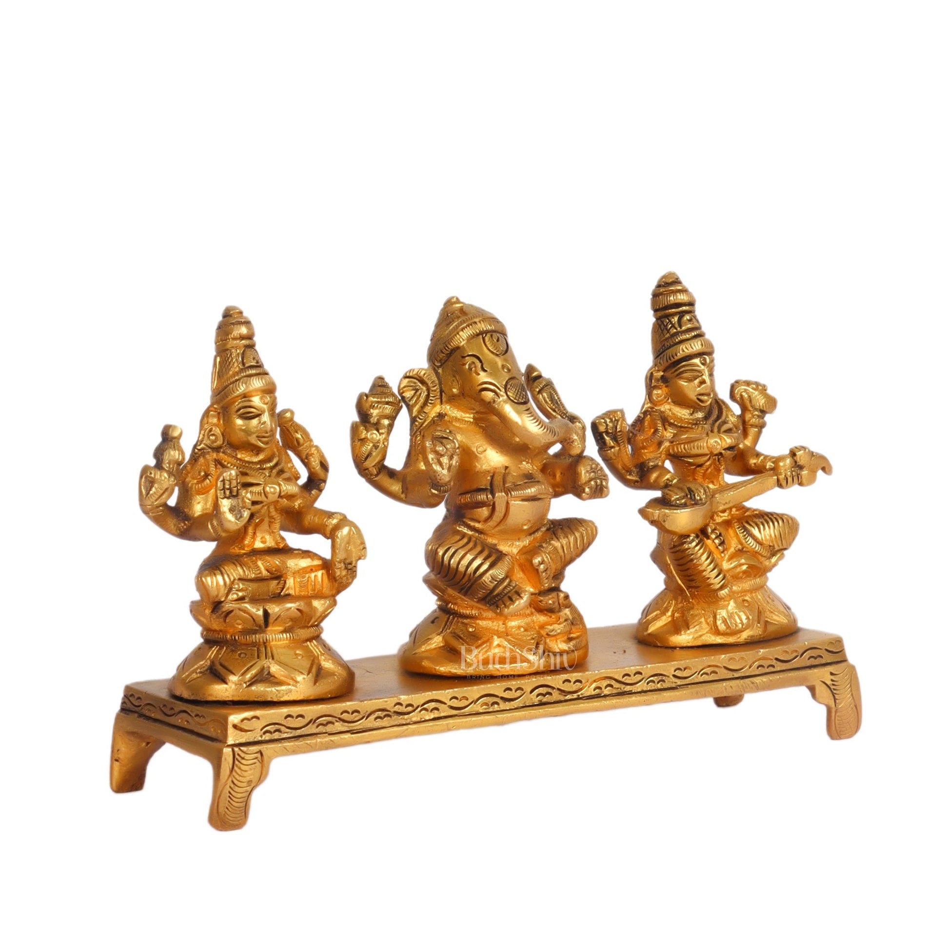 Brass Superfine Ganesha, Lakshmi, Saraswati Idols - Hand Carved, 3 inch