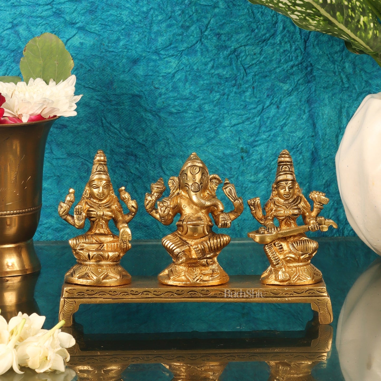 Brass Superfine Ganesha, Lakshmi, Saraswati Idols - Hand Carved, 3 inch