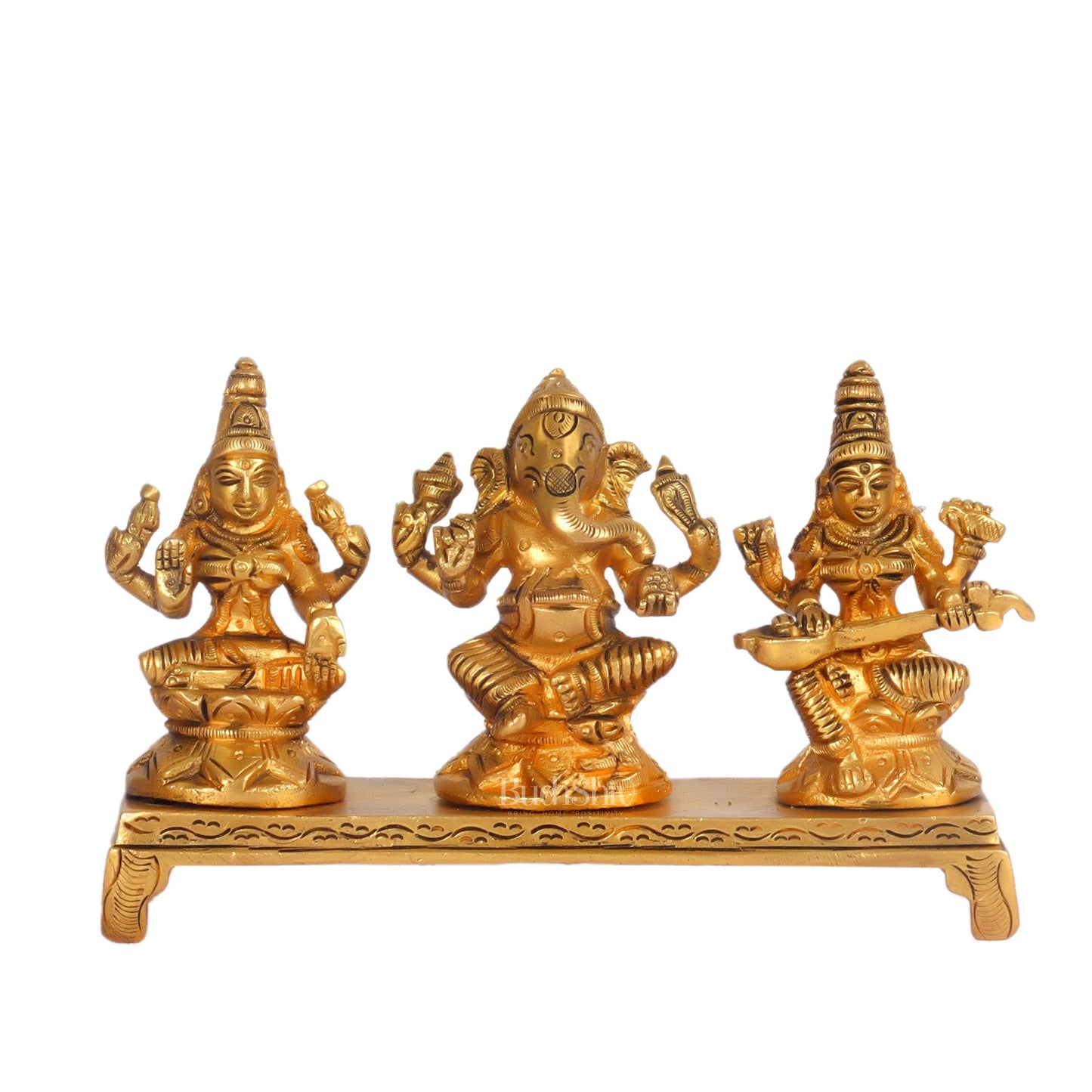 Brass Superfine Ganesha, Lakshmi, Saraswati Idols - Hand Carved, 3 inch