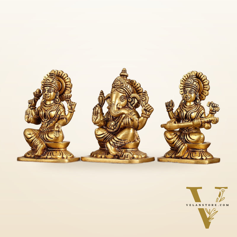 Brass Superfine Ganesha Lakshmi Saraswati Idols Set - 5 Inch