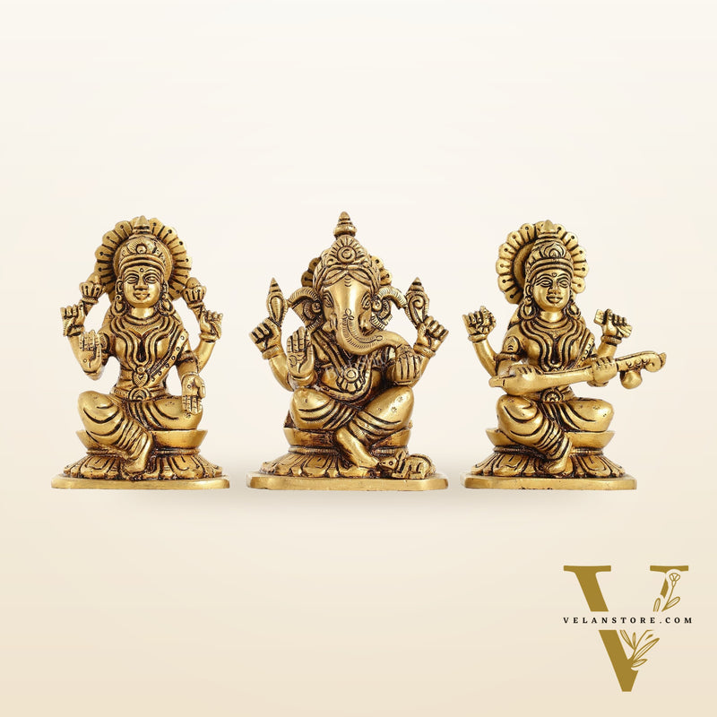 Brass Superfine Ganesha Lakshmi Saraswati Idols Set - 5 Inch