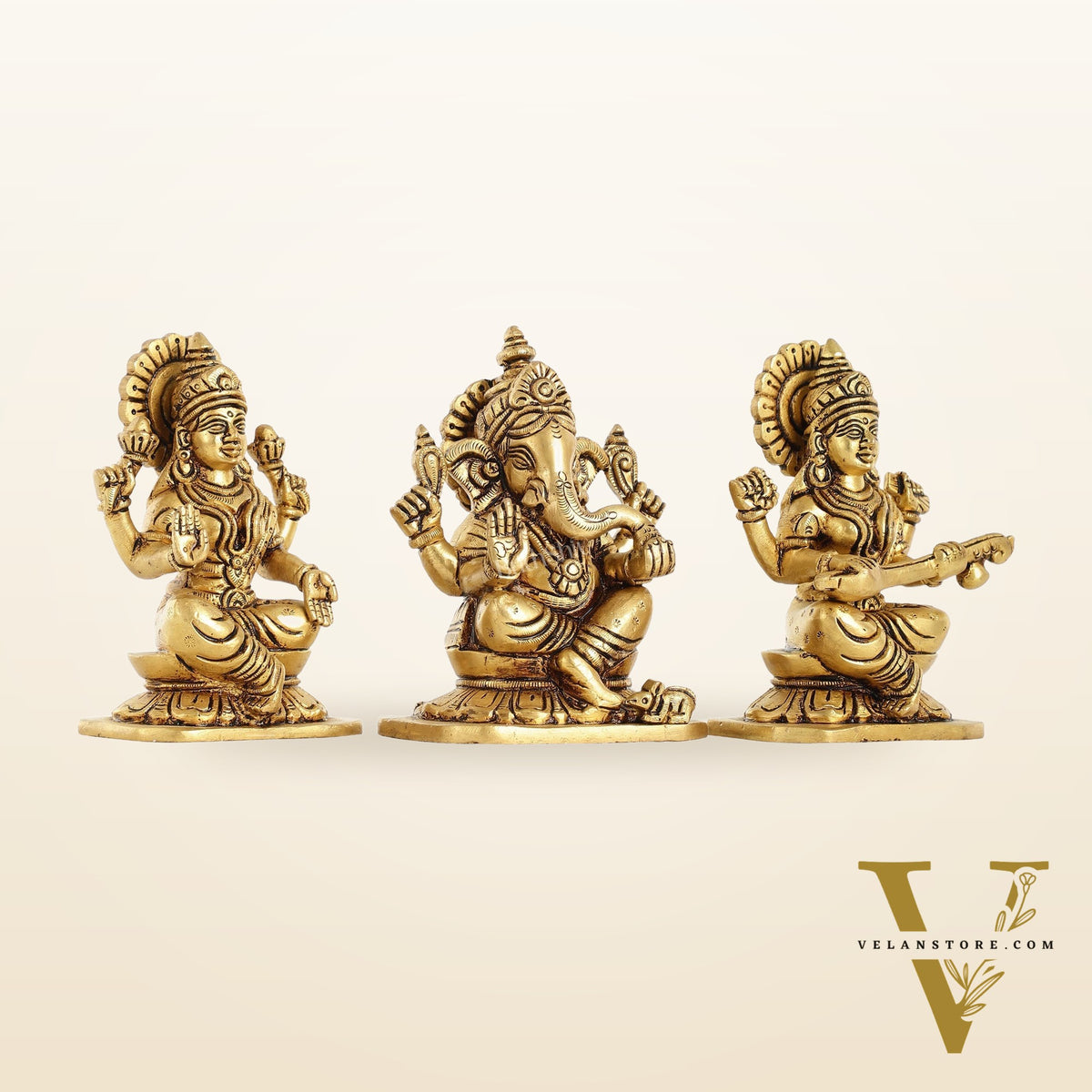 Brass Superfine Ganesha Lakshmi Saraswati Idols Set - 5 Inch