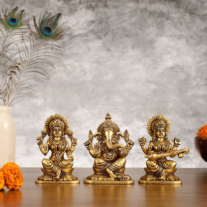 Brass Superfine Ganesha Lakshmi Saraswati Idols Set - 5 Inch