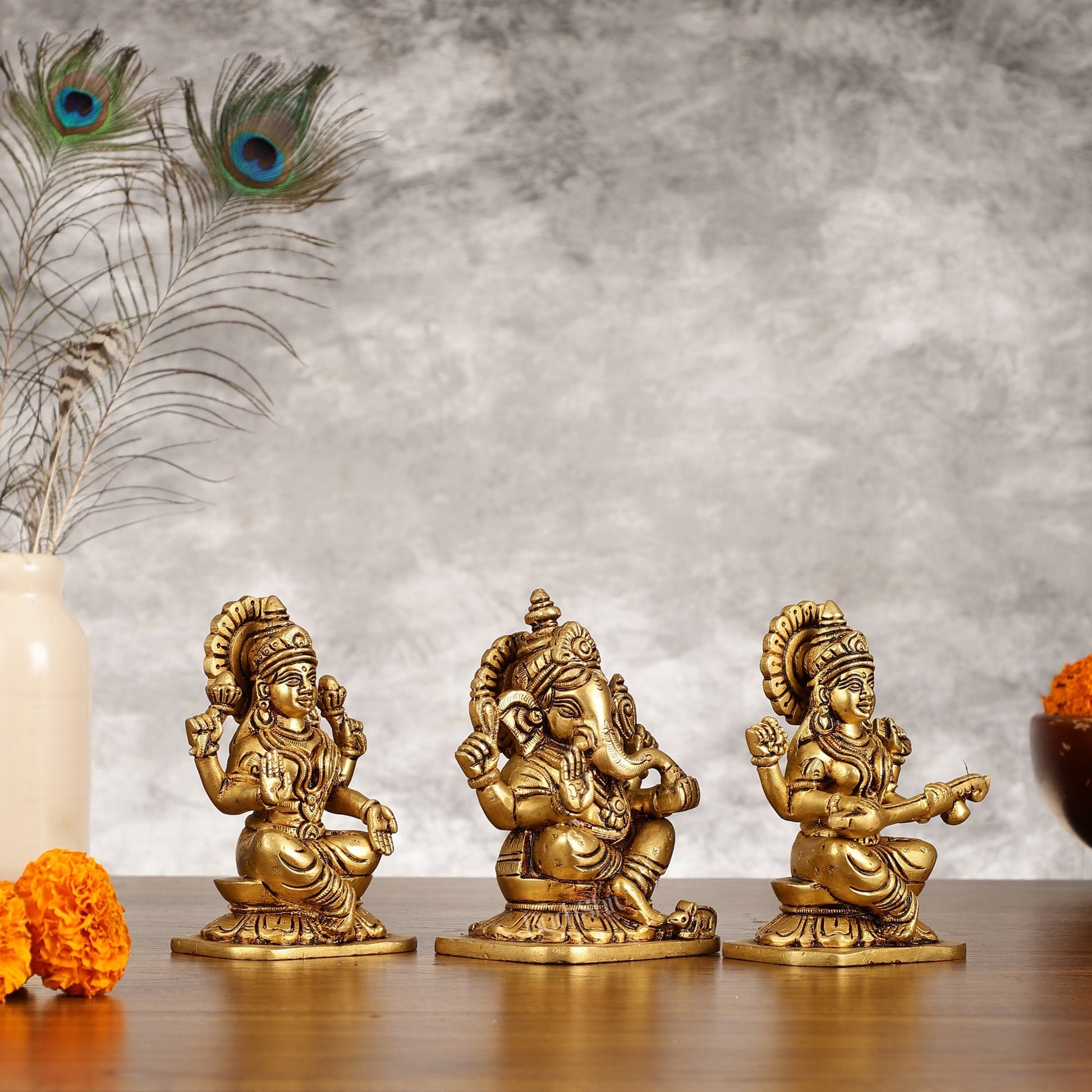 Brass Superfine Ganesha Lakshmi Saraswati Idols Set - 5 Inch