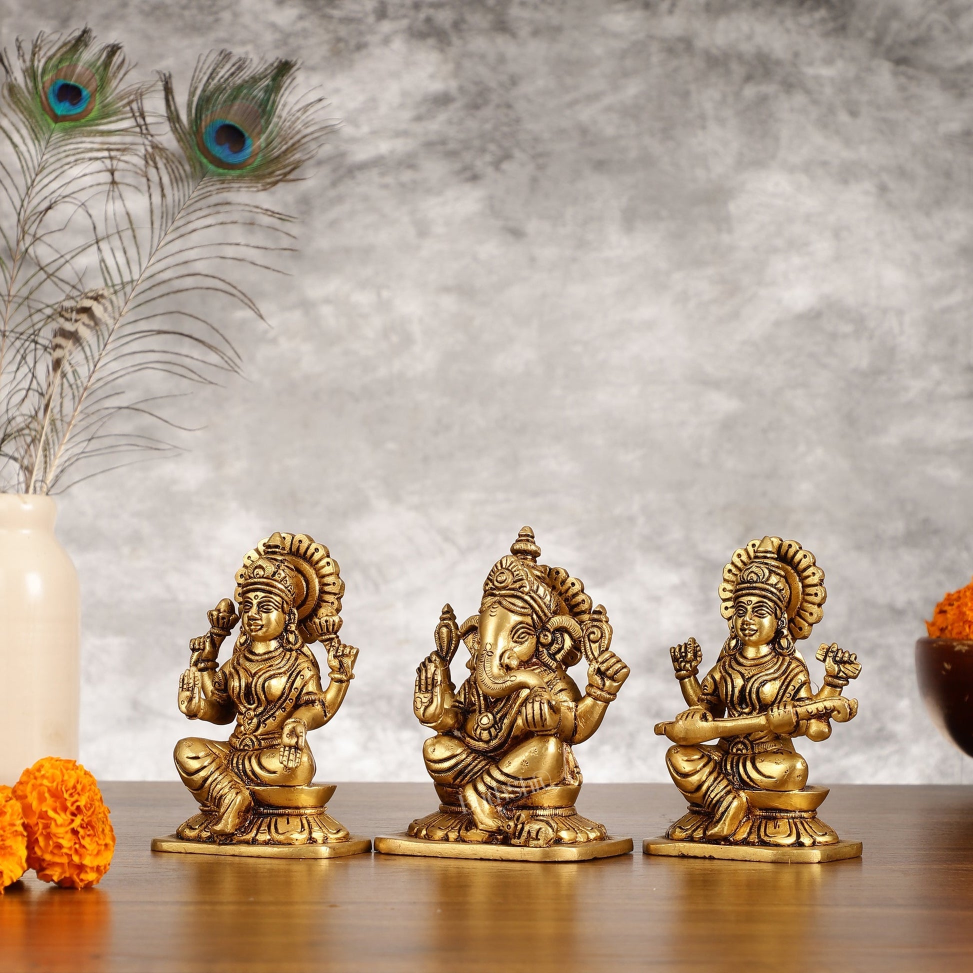 Brass Superfine Ganesha Lakshmi Saraswati Idols Set - 5 Inch