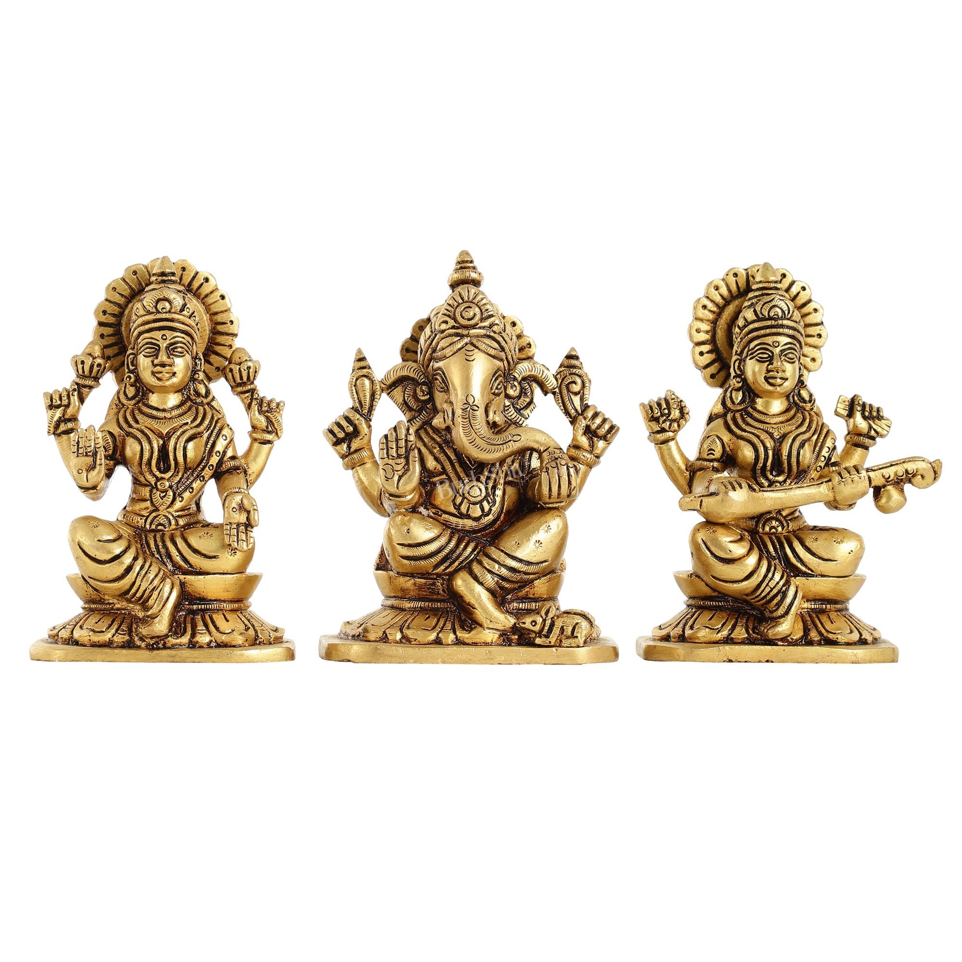 Brass Superfine Ganesha Lakshmi Saraswati Idols Set - 5 Inch