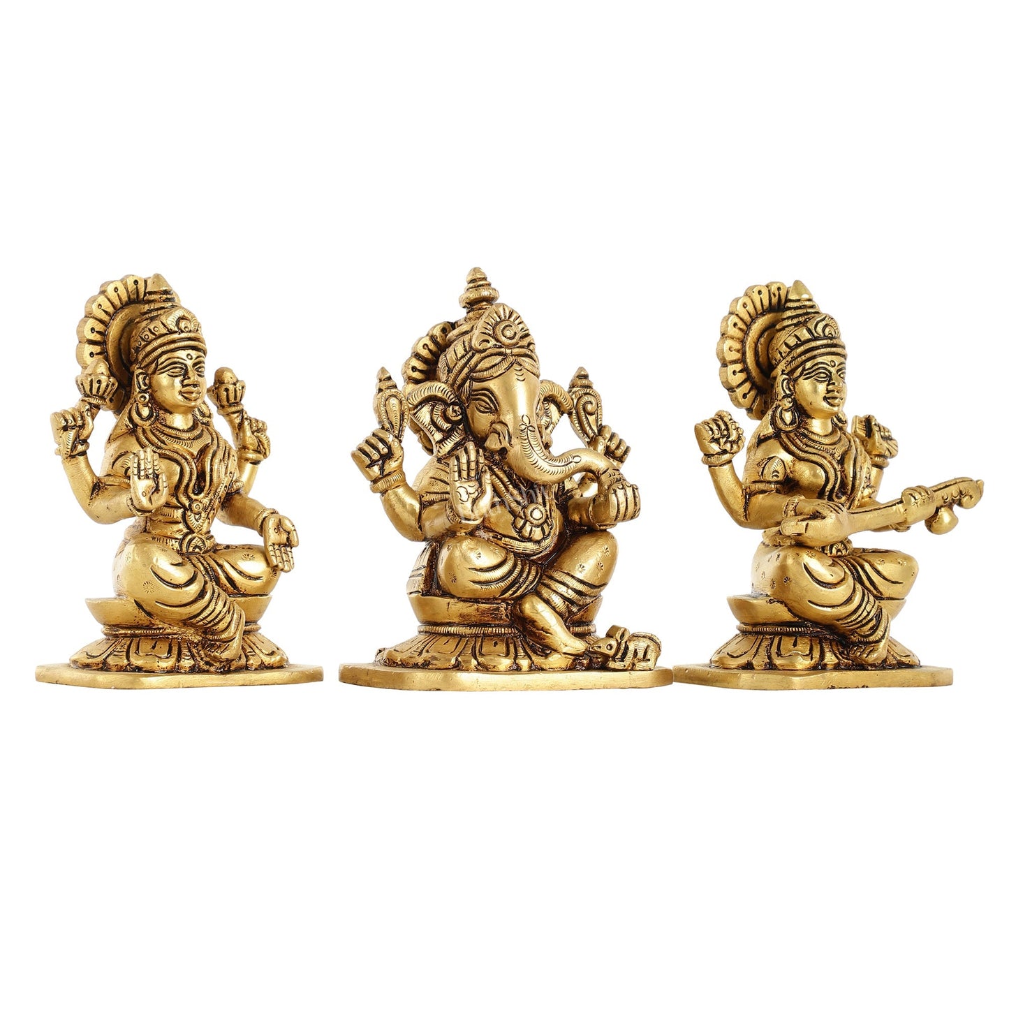Brass Superfine Ganesha Lakshmi Saraswati Idols Set - 5 Inch