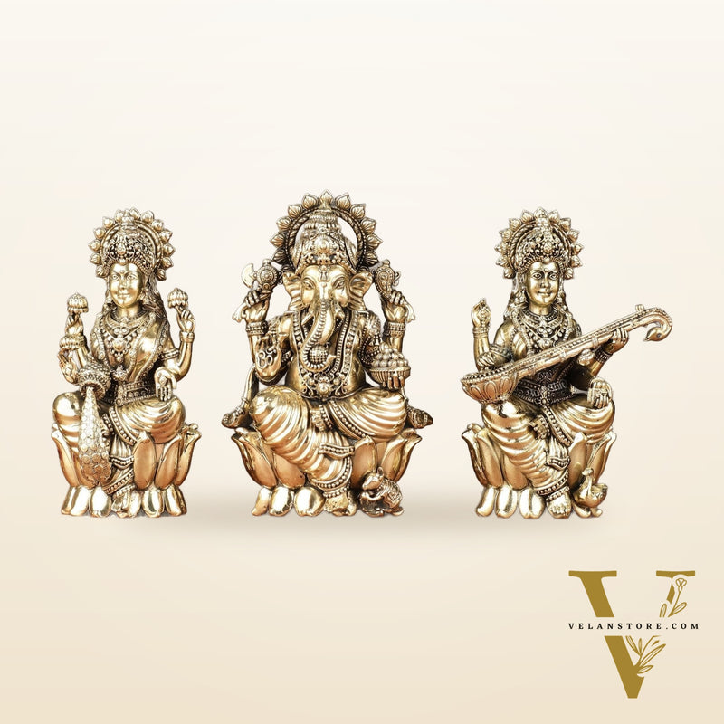 Brass Superfine Ganesha, Lakshmi, Saraswati Idols Set | 6"