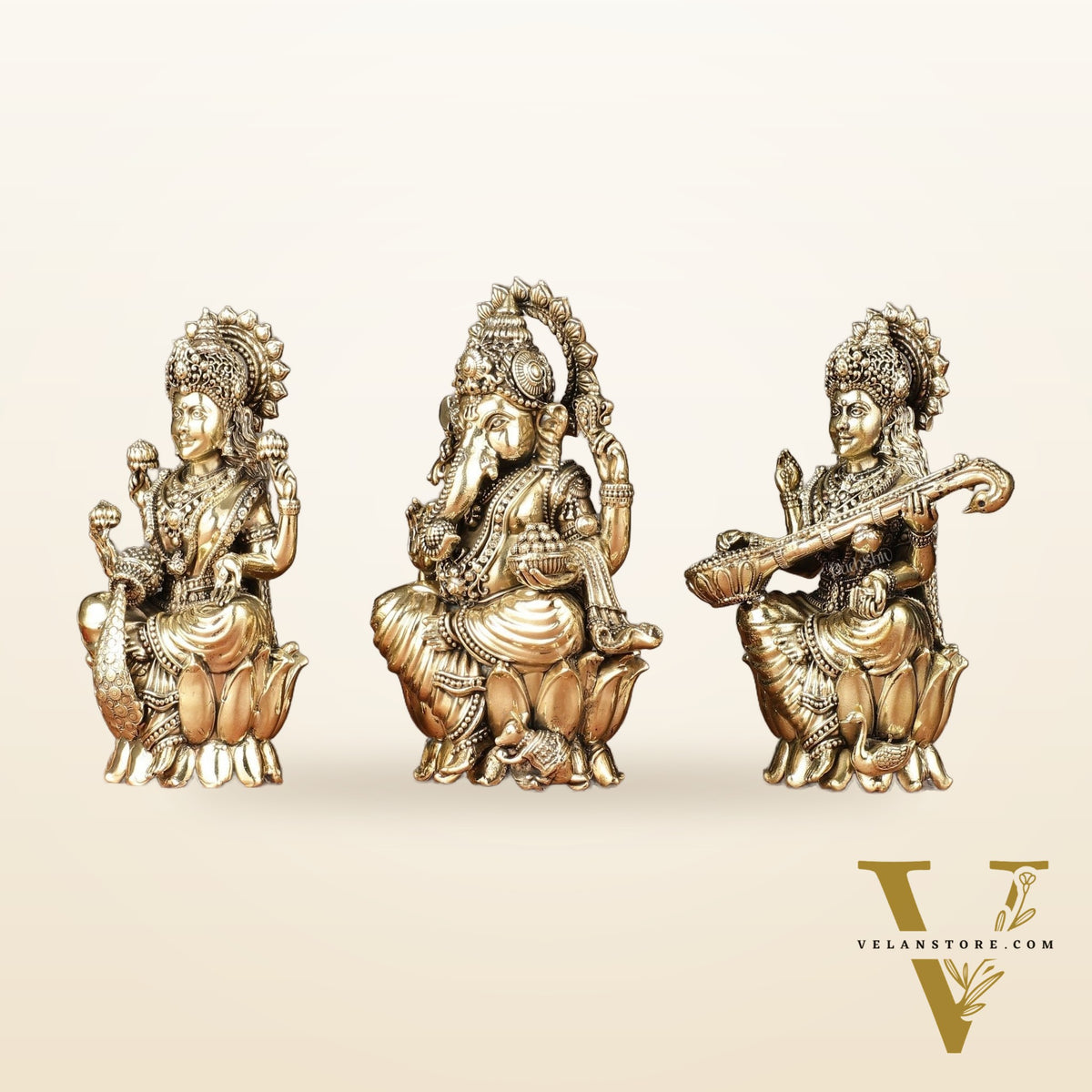 Brass Superfine Ganesha, Lakshmi, Saraswati Idols Set | 6"