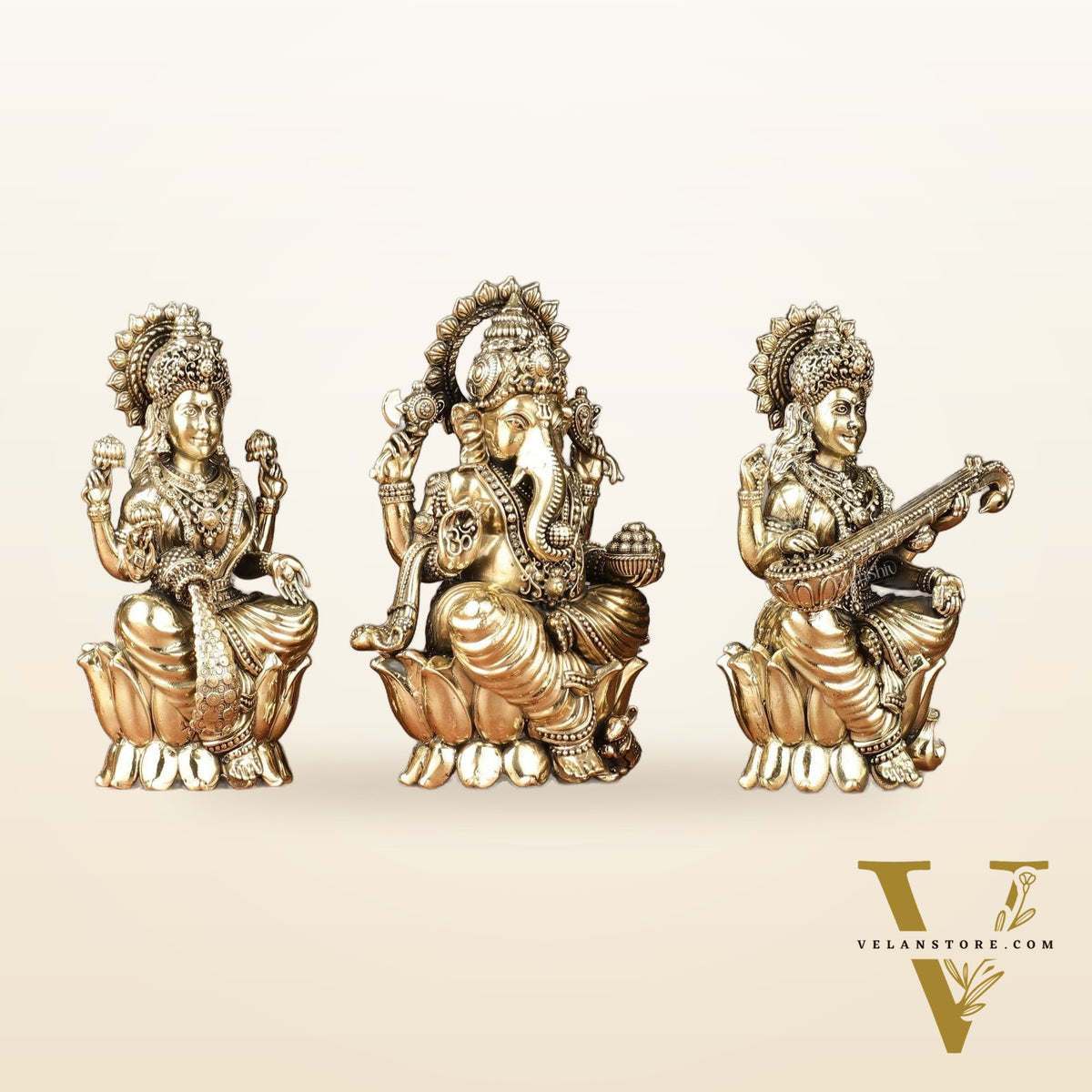 Brass Superfine Ganesha, Lakshmi, Saraswati Idols Set | 6"
