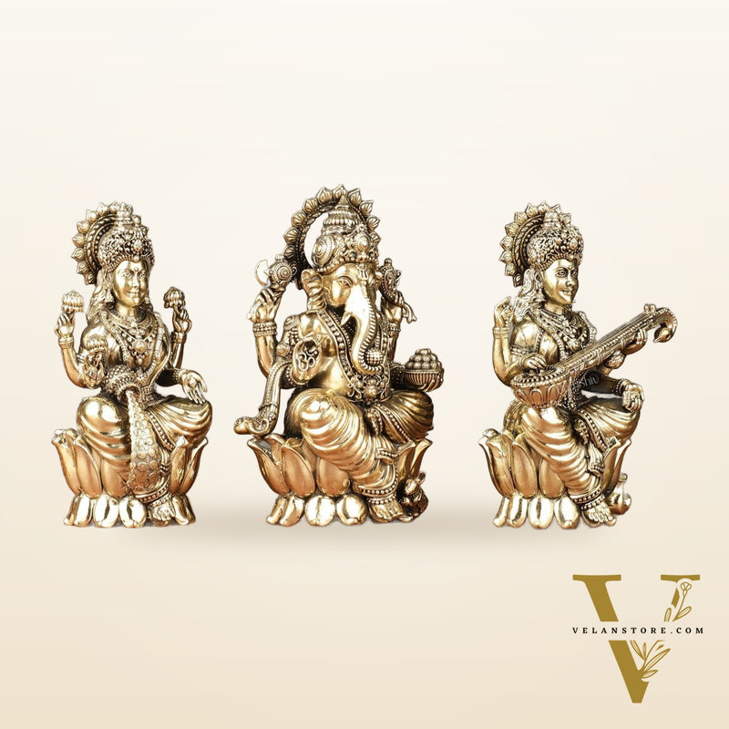 Brass Superfine Ganesha, Lakshmi, Saraswati Idols Set | 6"