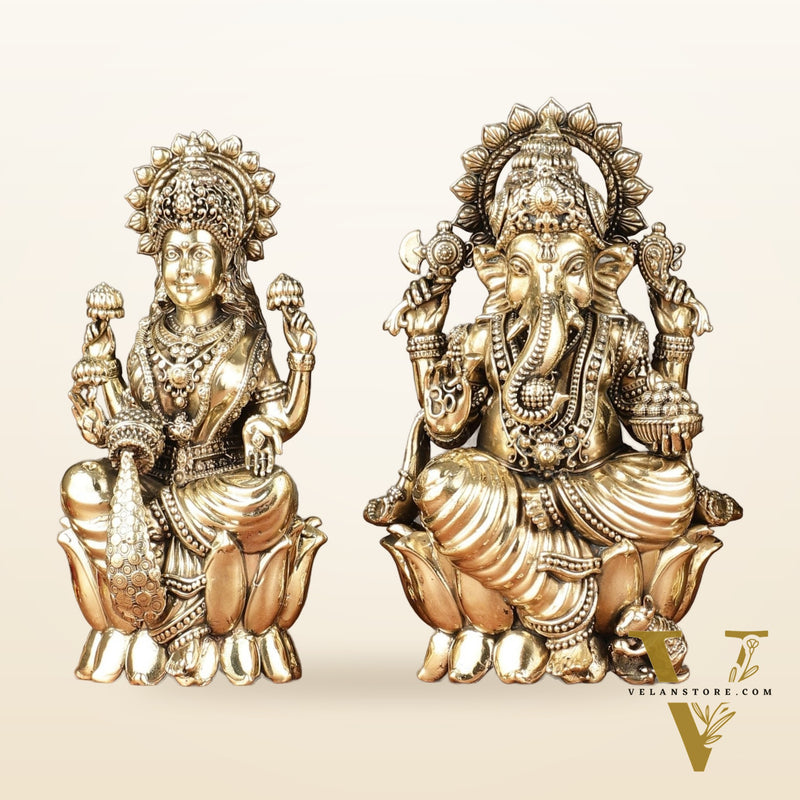 Brass Superfine Ganesha, Lakshmi, Saraswati Idols Set | 6"