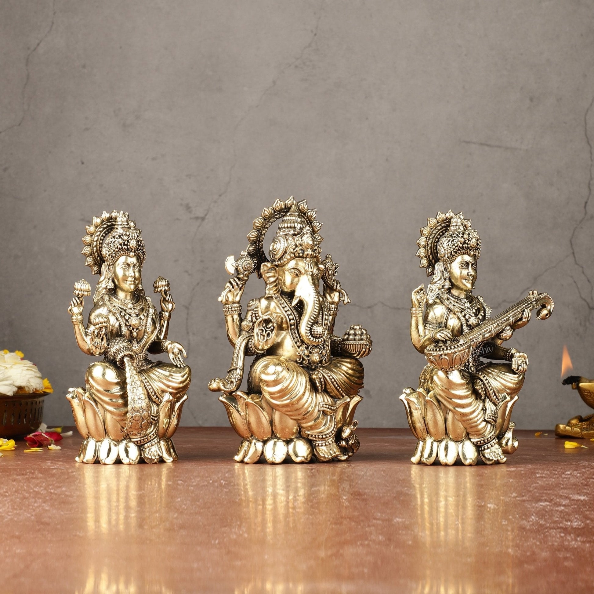 Brass Superfine Ganesha, Lakshmi, Saraswati Idols Set | 6"