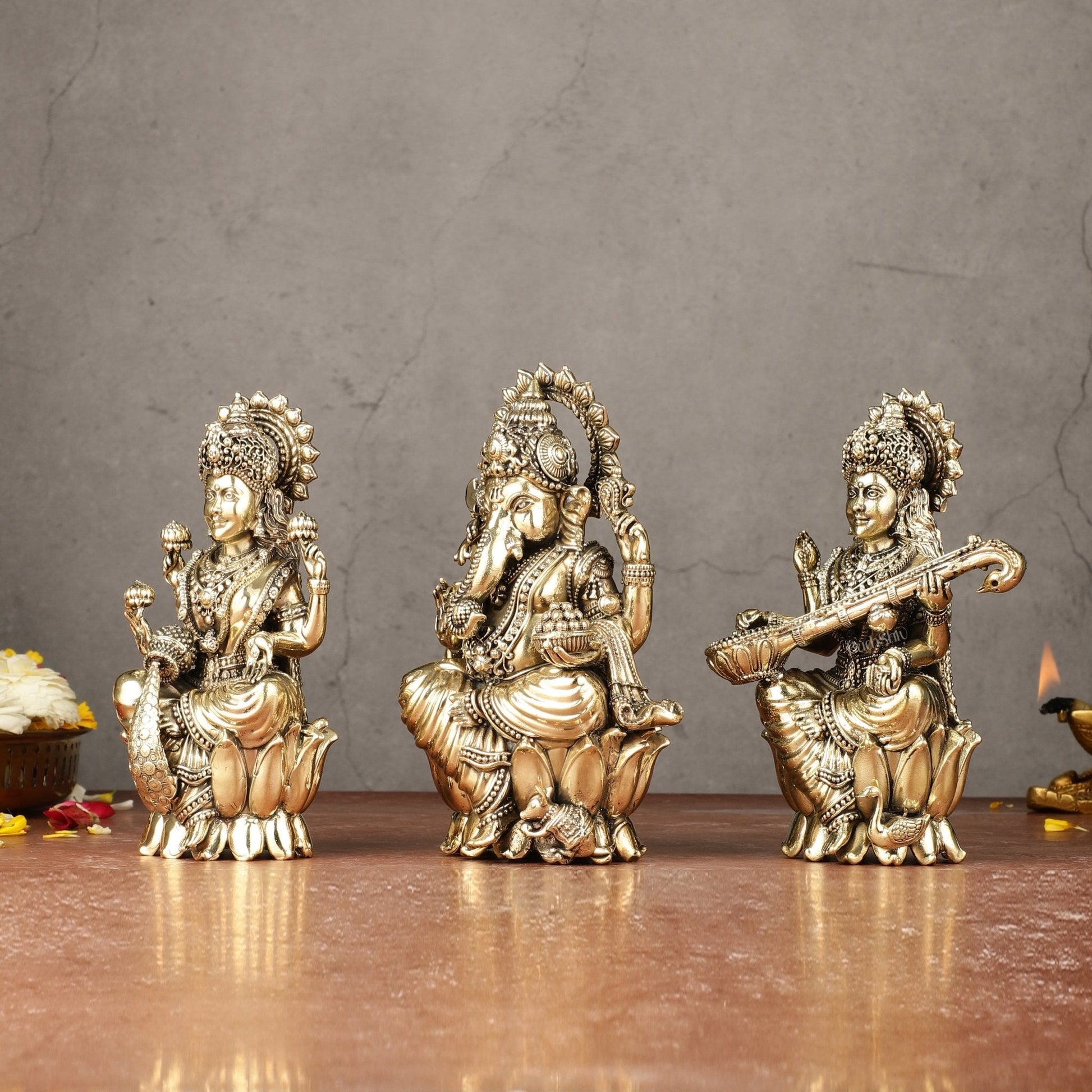 Brass Superfine Ganesha, Lakshmi, Saraswati Idols Set | 6"