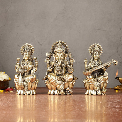 Brass Superfine Ganesha, Lakshmi, Saraswati Idols Set | 6"
