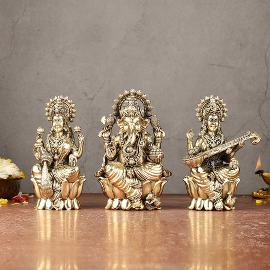 Brass Superfine Ganesha, Lakshmi, Saraswati Idols Set | 6"