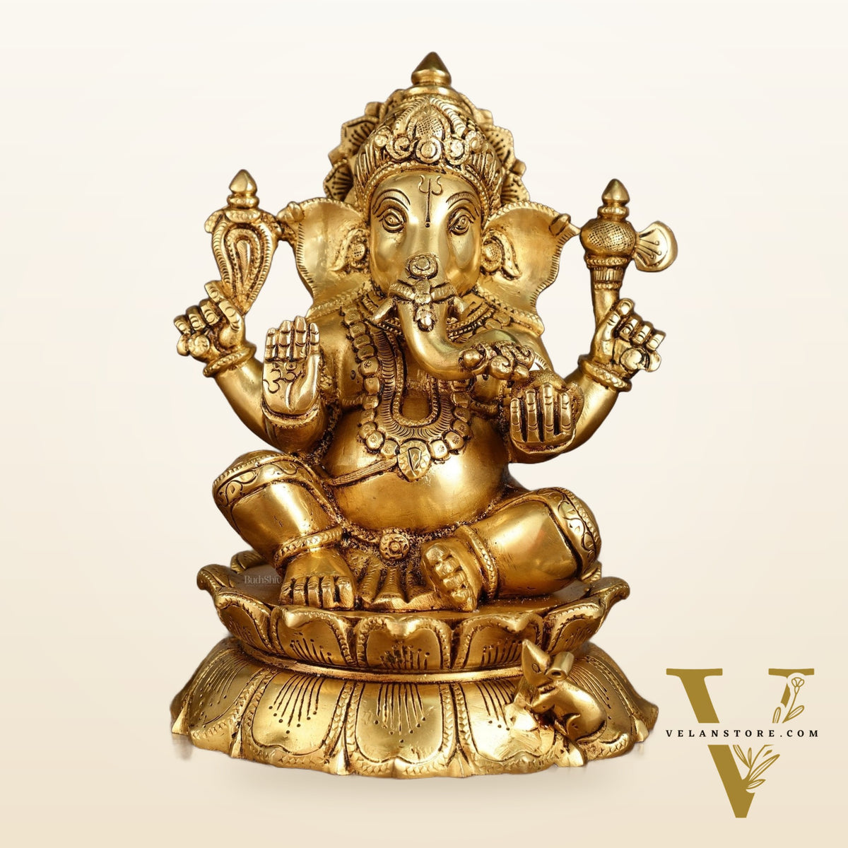Brass Superfine Ganesha on lotus Statue | 9.5 Inch Height
