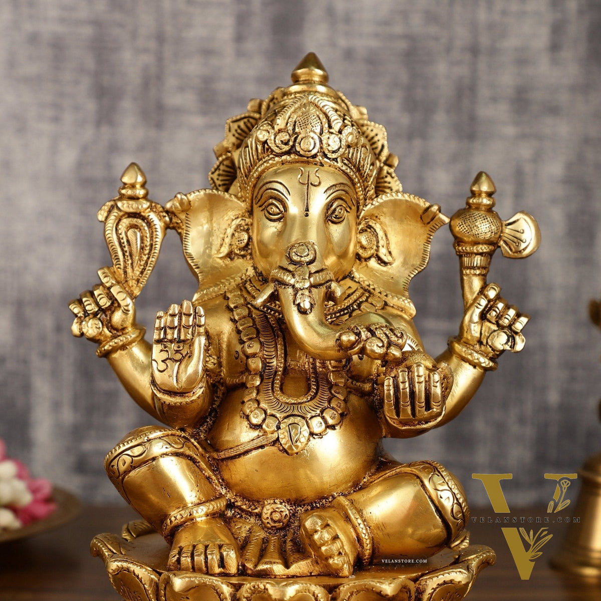 Brass Superfine Ganesha on lotus Statue | 9.5 Inch Height