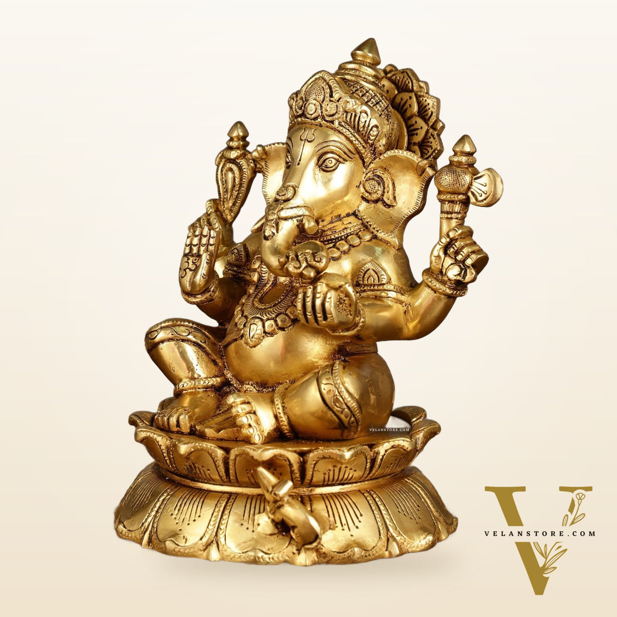 Brass Superfine Ganesha on lotus Statue | 9.5 Inch Height