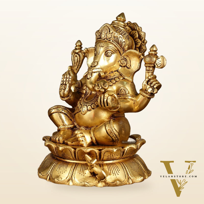 Brass Superfine Ganesha on lotus Statue | 9.5 Inch Height