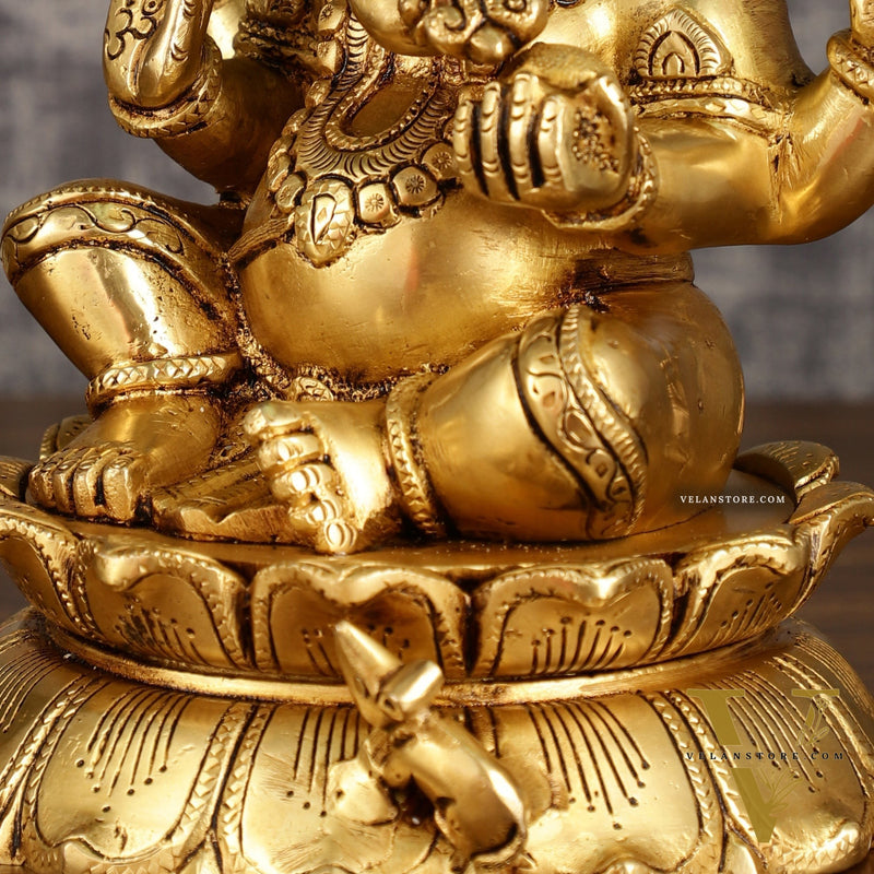 Brass Superfine Ganesha on lotus Statue | 9.5 Inch Height