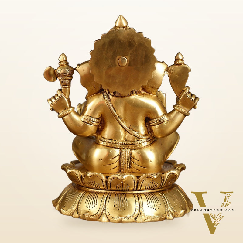 Brass Superfine Ganesha on lotus Statue | 9.5 Inch Height