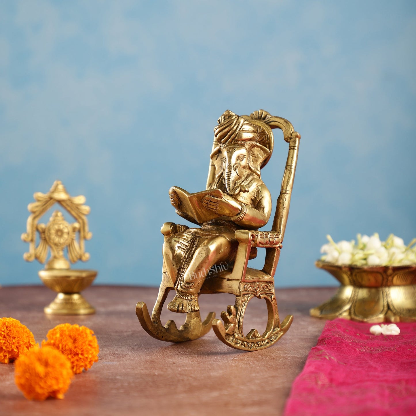 Brass superfine Ganesha on rocking chair 7"
