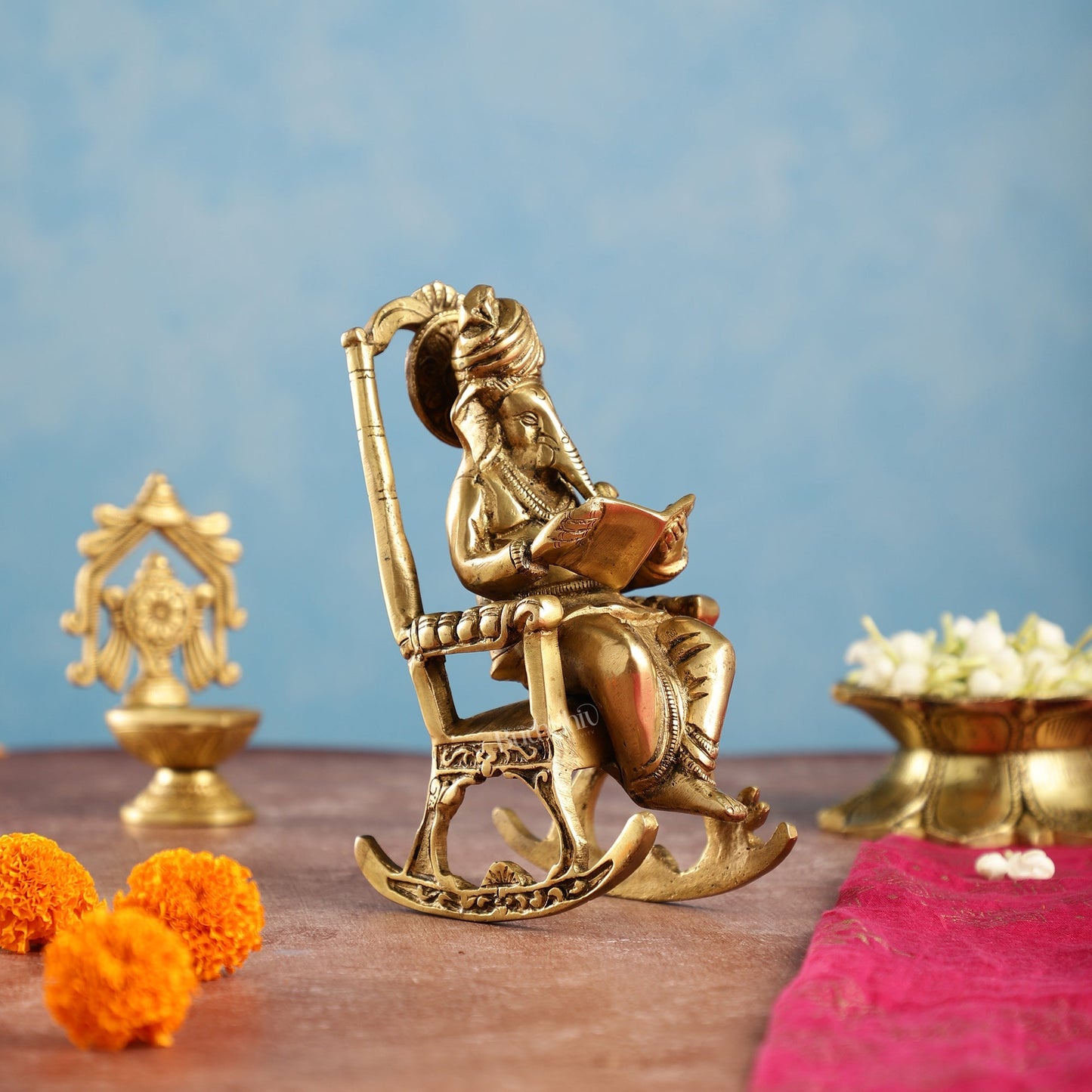 Brass superfine Ganesha on rocking chair 7"