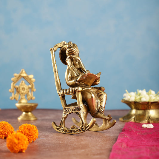 Brass superfine Ganesha on rocking chair 7"