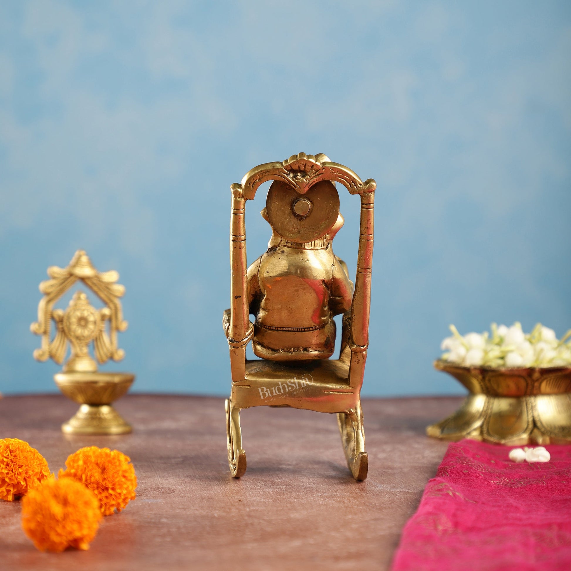 Brass superfine Ganesha on rocking chair 7"