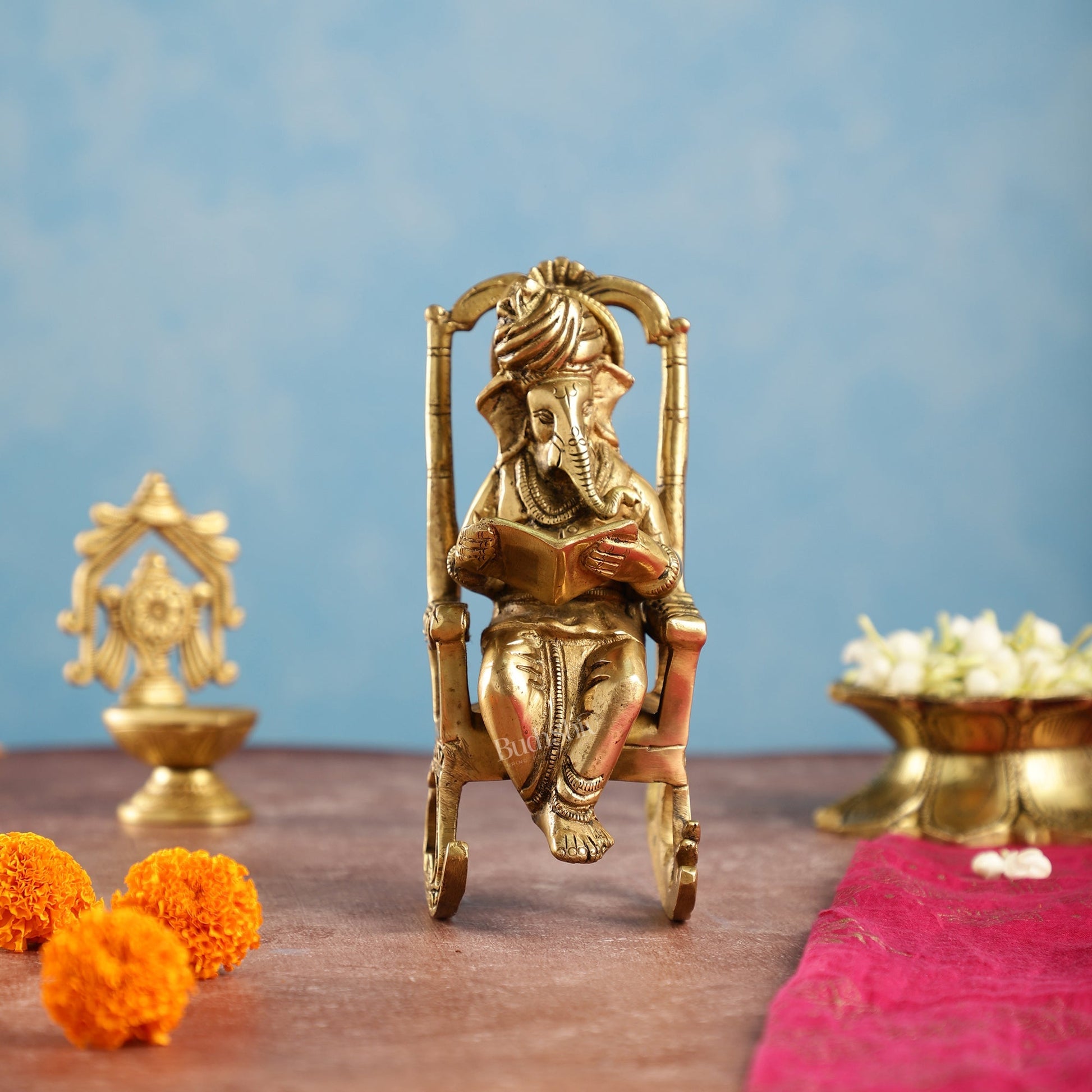 Brass superfine Ganesha on rocking chair 7"