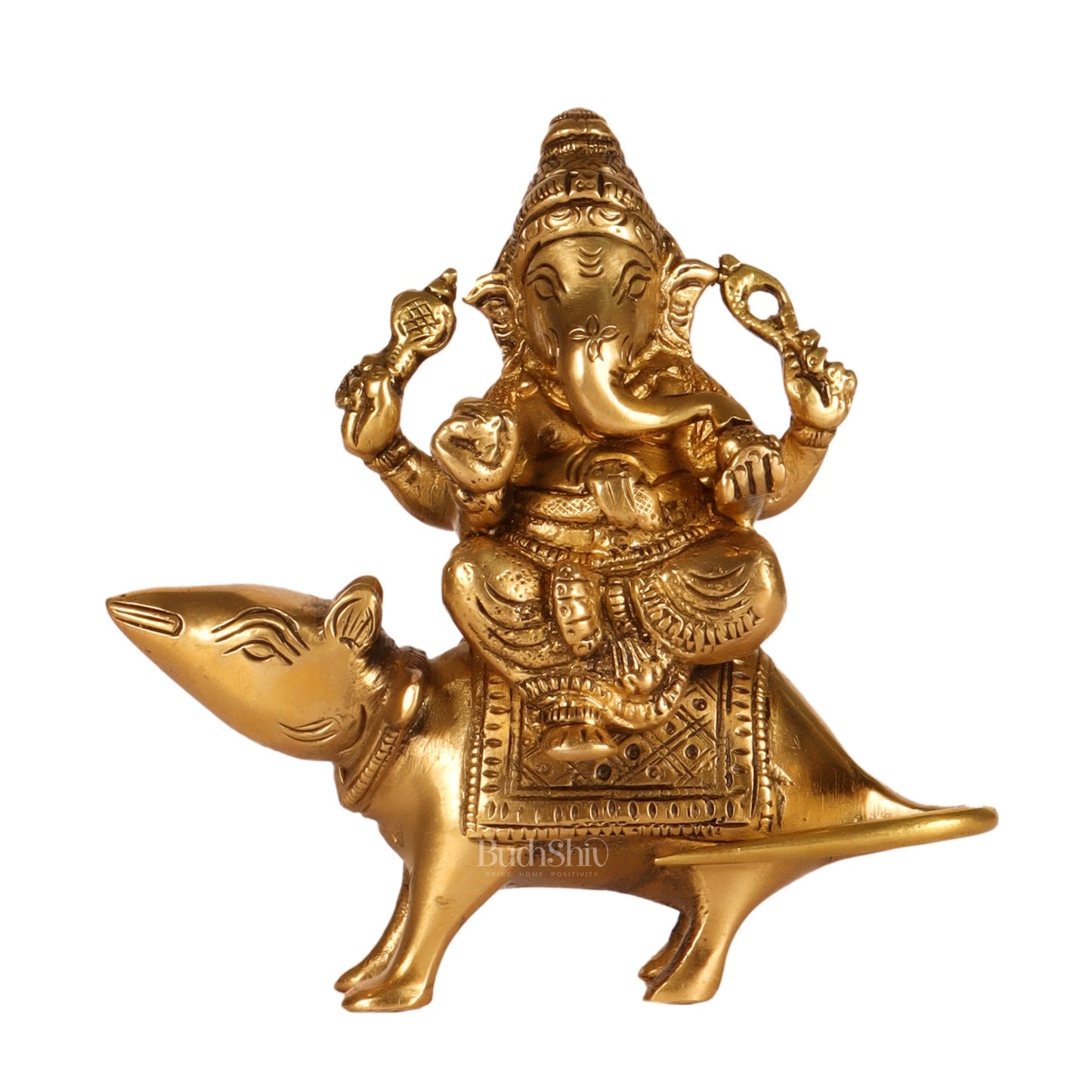 Brass superfine Ganesha seated on a mouse 5"
