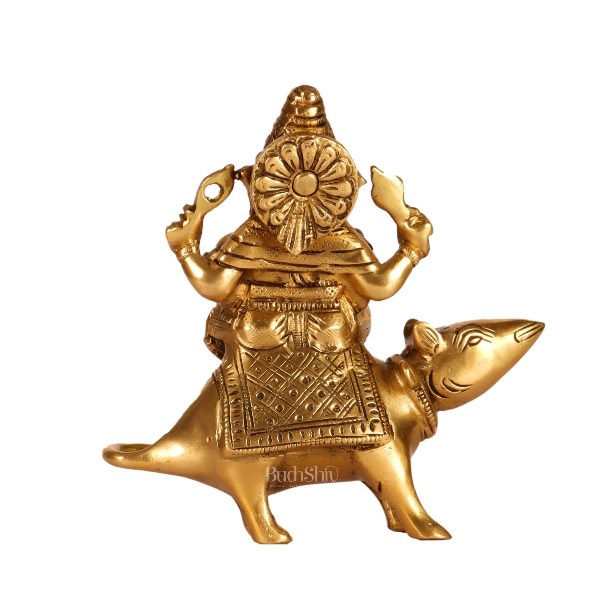 Brass superfine Ganesha seated on a mouse 5"