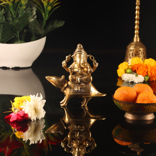 Brass superfine Ganesha seated on a mouse 5"