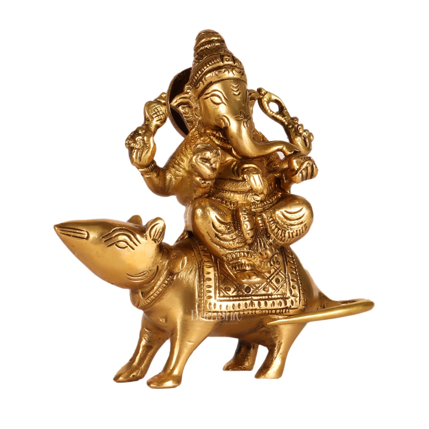 Brass superfine Ganesha seated on a mouse 5"