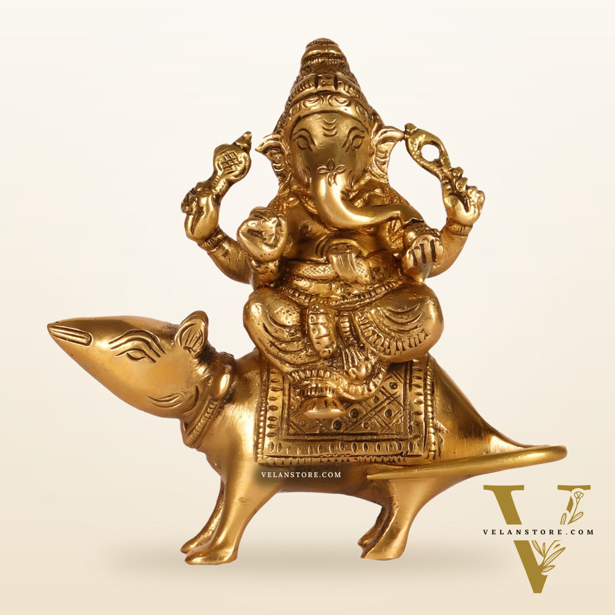 Brass superfine Ganesha seated on a mouse 5"