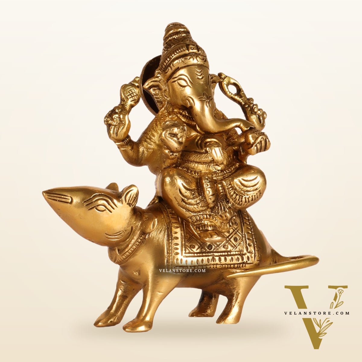 Brass superfine Ganesha seated on a mouse 5"